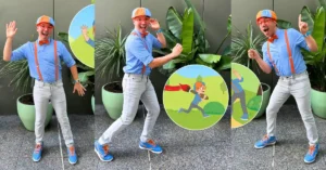 Three-panel image of a cheerful man dressed as Blippi, wearing a blue shirt, orange suspenders, orange bow tie, blue and orange cap, and bright blue shoes with orange laces. He strikes playful and energetic poses in front of large green potted plants, with cartoon illustrations of himself performing similar actions shown in circular insets.