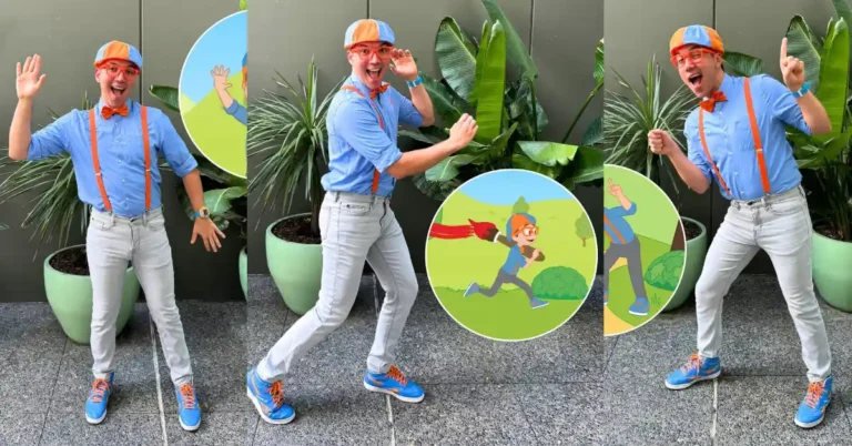 Three-panel image of a cheerful man dressed as Blippi, wearing a blue shirt, orange suspenders, orange bow tie, blue and orange cap, and bright blue shoes with orange laces. He strikes playful and energetic poses in front of large green potted plants, with cartoon illustrations of himself performing similar actions shown in circular insets.