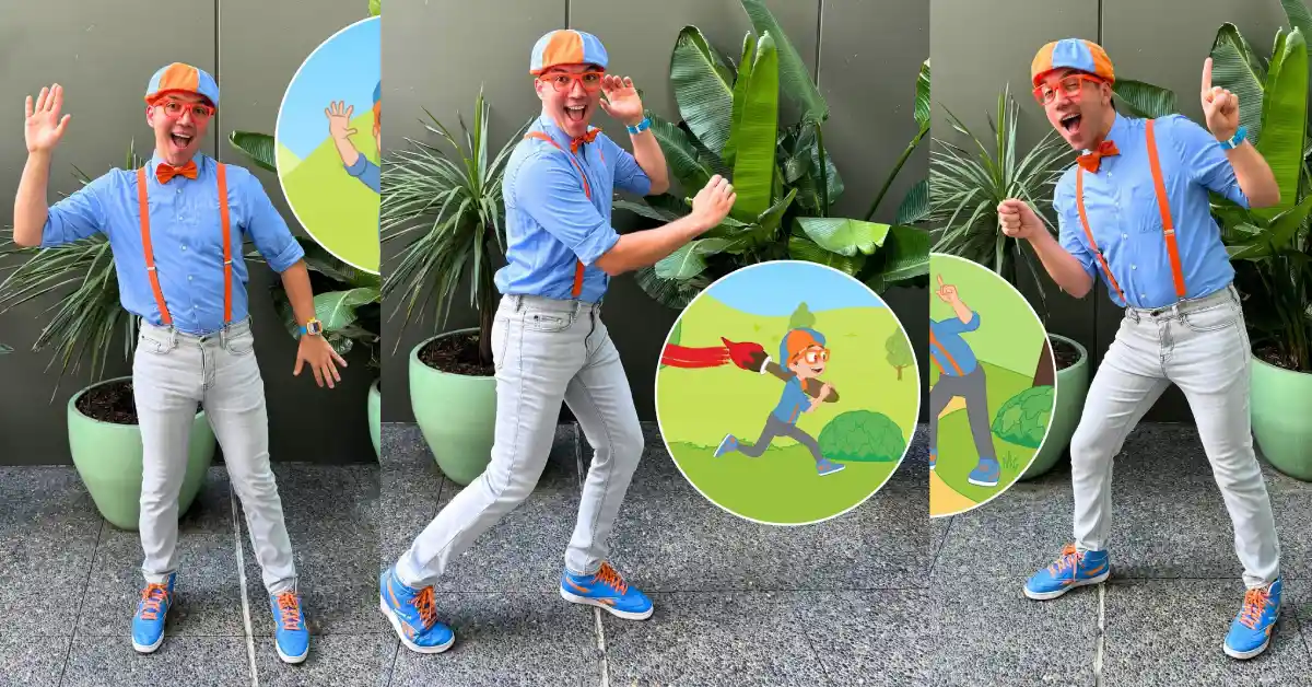 Three-panel image of a cheerful man dressed as Blippi, wearing a blue shirt, orange suspenders, orange bow tie, blue and orange cap, and bright blue shoes with orange laces. He strikes playful and energetic poses in front of large green potted plants, with cartoon illustrations of himself performing similar actions shown in circular insets.