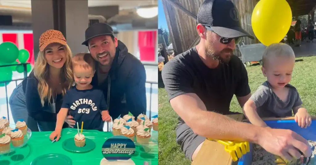 A collage showing Blippi’s real-life family moments. On the left, a man, woman, and a toddler wearing a "Birthday Boy" shirt smile in front of a table with cupcakes and green balloons during a birthday celebration. On the right, the same man, wearing sunglasses and a black cap, plays with the toddler at a sandbox outdoors under a yellow balloon.