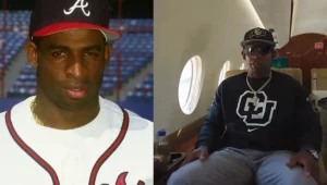 Side-by-side image of Deion Sanders; on the left, he is wearing an Atlanta Braves baseball uniform and cap at a stadium, and on the right, he is sitting in a private jet wearing sunglasses, a Colorado Buffaloes sweatshirt, and a cap.