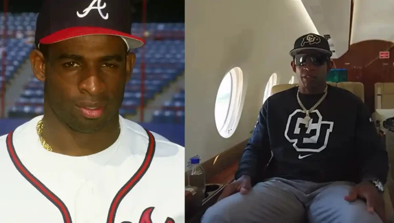 Side-by-side image of Deion Sanders; on the left, he is wearing an Atlanta Braves baseball uniform and cap at a stadium, and on the right, he is sitting in a private jet wearing sunglasses, a Colorado Buffaloes sweatshirt, and a cap.
