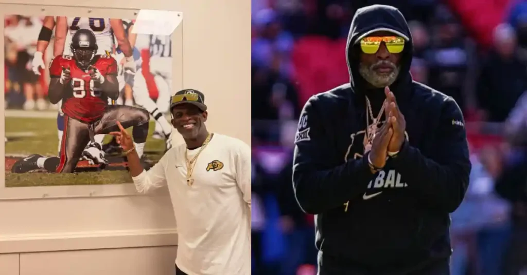 Side-by-side image of Deion Sanders; on the left, he is smiling and pointing to a framed photo of himself in his football uniform during his playing days, and on the right, he is wearing a hoodie, gold chains, and reflective sunglasses while clapping on a football field, showcasing his current role as a coach.