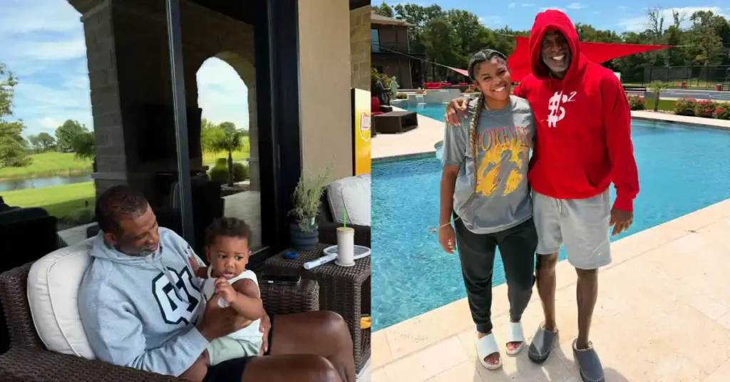 Side-by-side image of Deion Sanders with family; on the left, he is sitting on a patio chair holding a baby while smiling, and on the right, he stands by a pool with his arm around a smiling young woman, both dressed casually in loungewear.